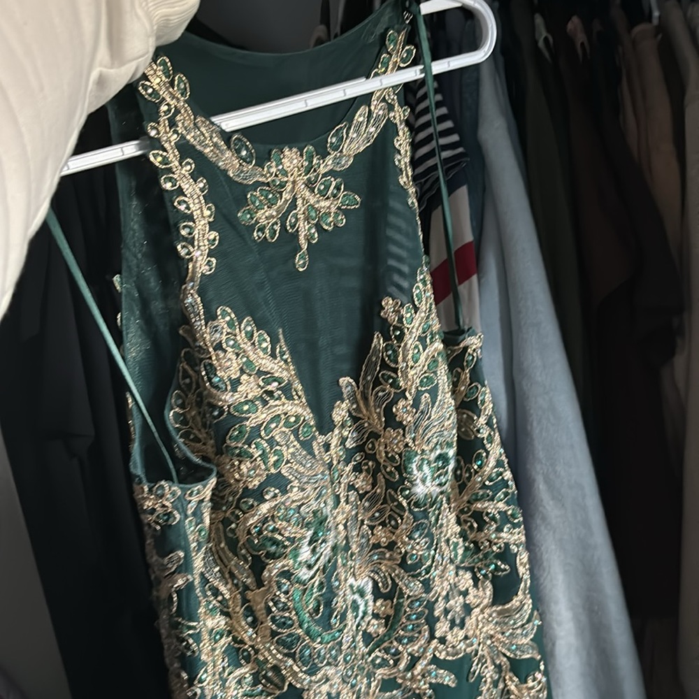Xscape Teal and Gold Prom Dress - Picture 10 of 12